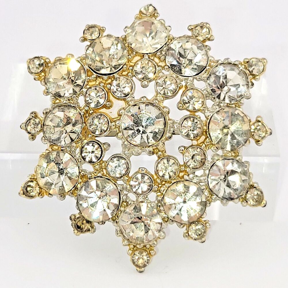 Antique White Paste Rhinestone Snowflake Tarnished Silver Tone Christmas Brooch